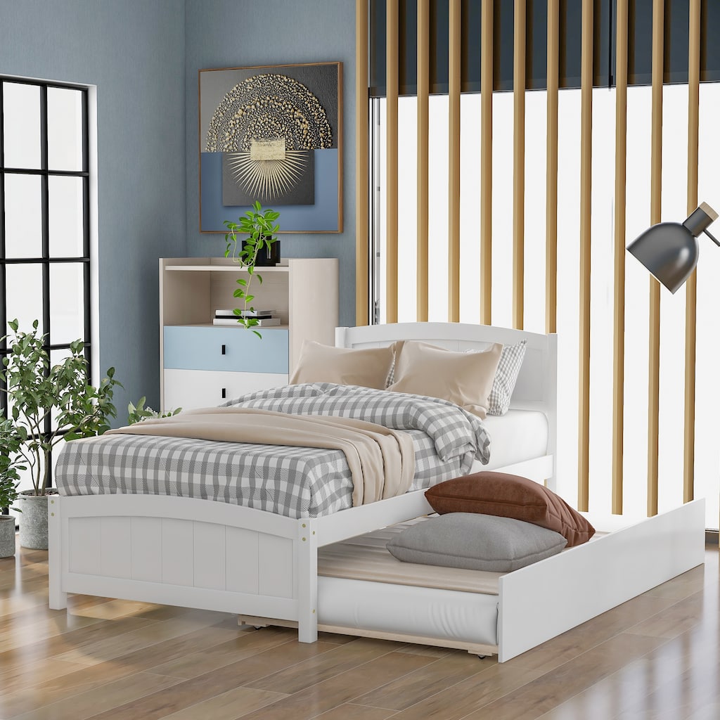 White Twin Size Platform Bed with Trundle, Solid Pine Wood Frame, Modern Minimalist Design