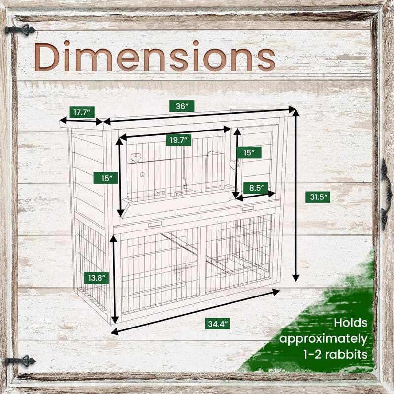 Hanover Outdoor Wooden 2-Story Rabbit Hutch with Ramp, Wire Mesh Run, Waterproof Roof, Removable Tray 3 Ft.W x 1.5 D x 2.6 H