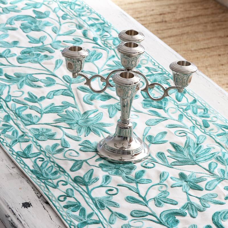 Novica Handmade Kashmir Leaves In Green Chain-Stitched Cotton Table Runner