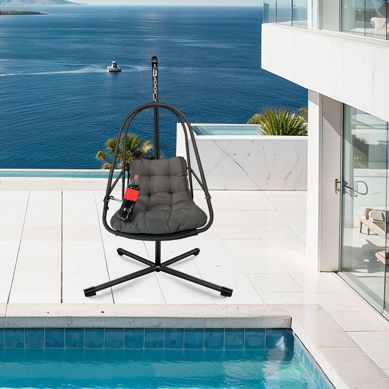 Swing Egg Chair with Stand and Cup Holder, Basket Hanging Chair with Cushion & Pillow Patio Wicker Hanging Chair