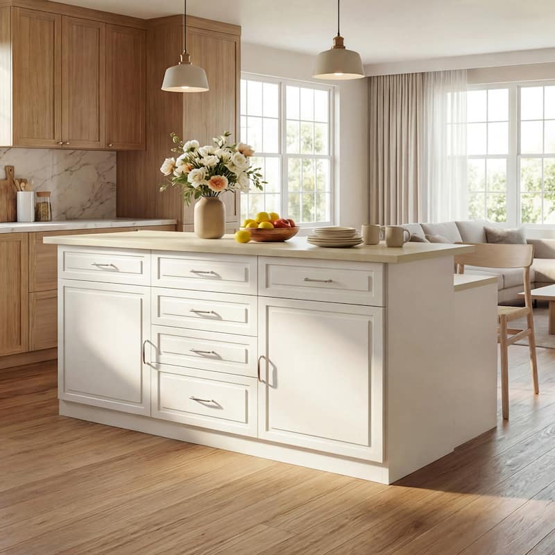 78.7" Kitchen Island with Faux Stone Top & Power Outlet Storage Cabinet with Drawers & Doors, Farmhouse White Kitchen Island
