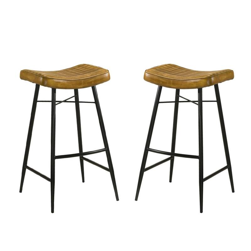 Set of 2 Leather Upholstered Saddle Seat Bar Stools