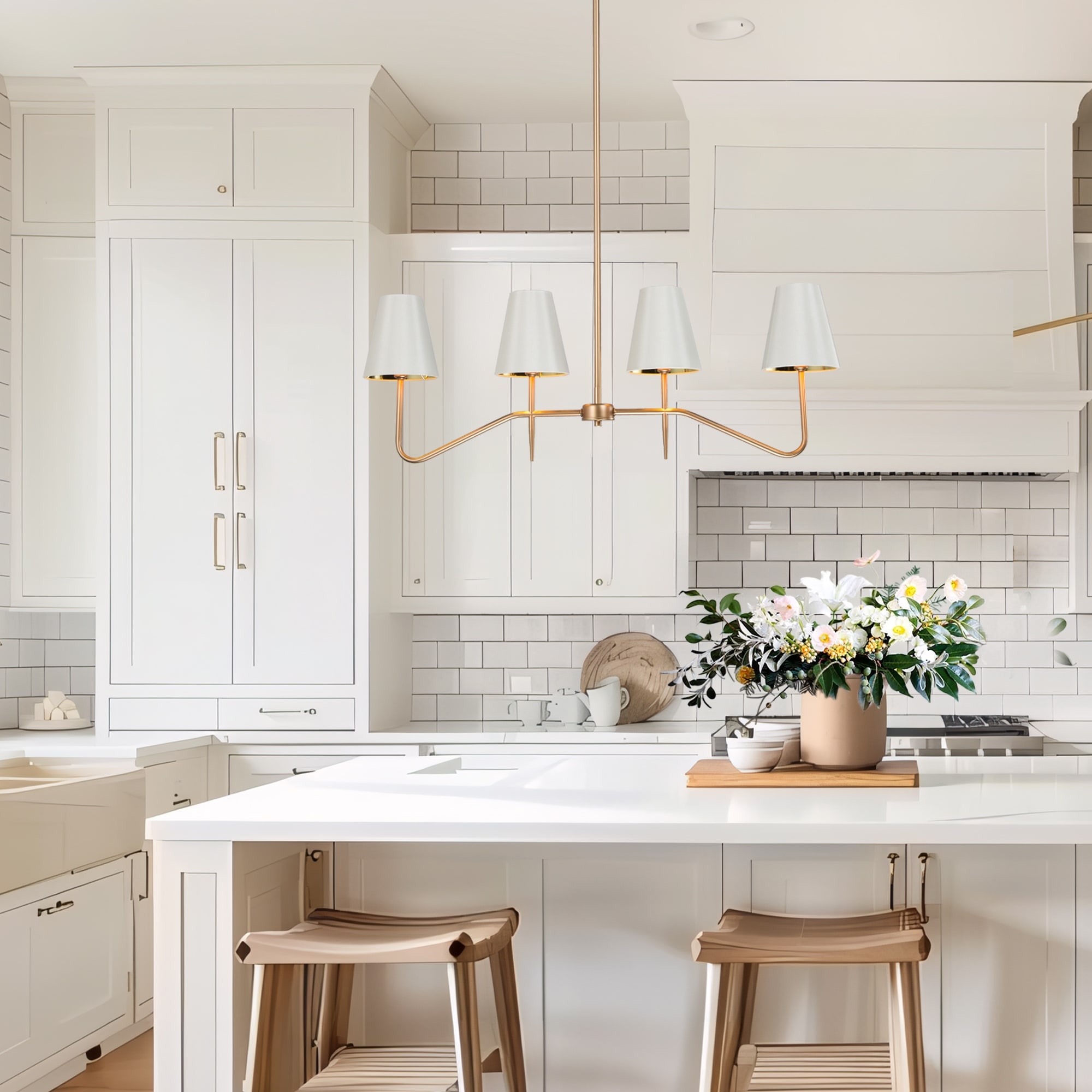 Mid-Century Modern 4-Light Gold Chandelier Island Lights with Fabric Shade for Dining Room - L 34.5" x W 5.5" x H 12.5"