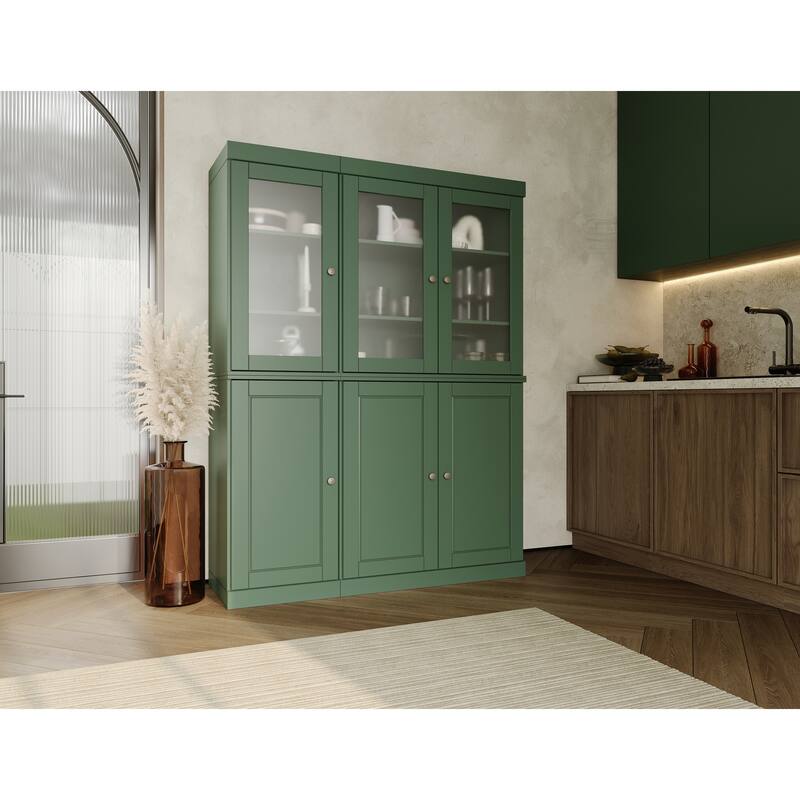 Palace Imports 100% Solid Wood 48.5" Pantry China Cabinet with Frosted Glass, Solid Wood Doors and 2-Drawers - Green