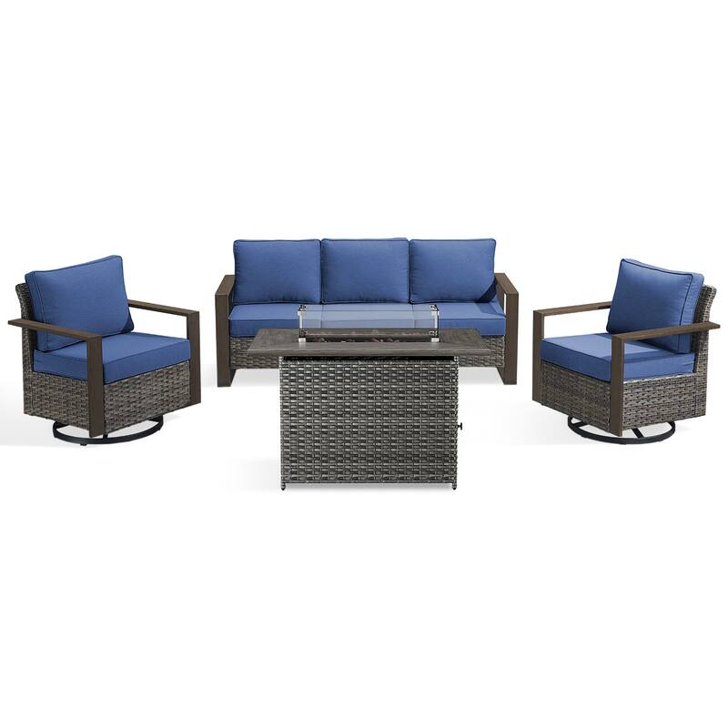 Meyreso Wicker Outdoor Patio Fire Pit Set with Swivel Gliders & 4.5" Olefin Cushions