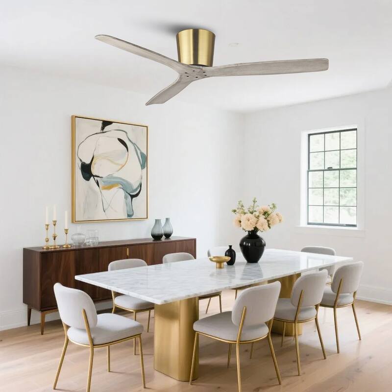 54" Modern Minimalist Weathered Solid Wood Gold Flush Mount Ceiling Fan with Remote and 6-Speed DC Motor