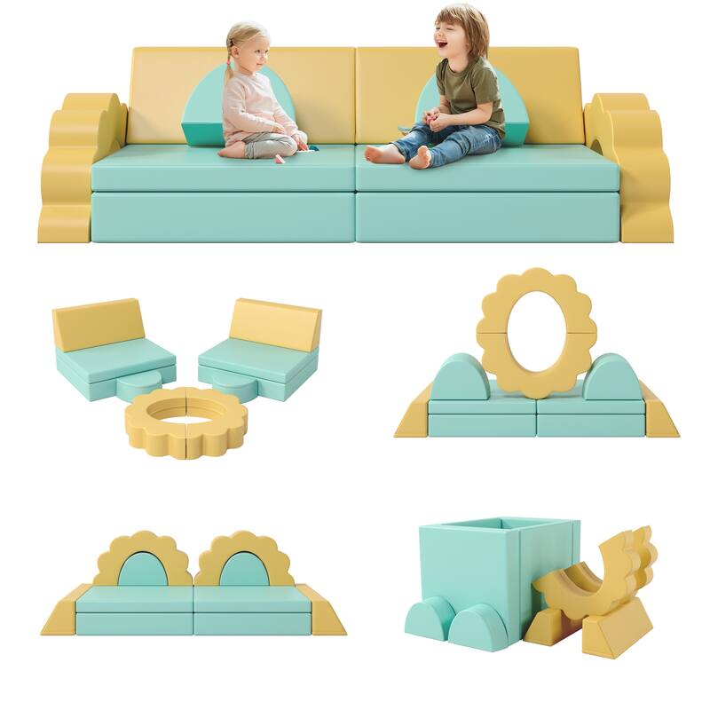 Foam Climbing Blocks Convertible Sofa ,Kids Play Couch, Indoor Climbing Structure for Toddlers, Infant, Kids, Pre-school - Green