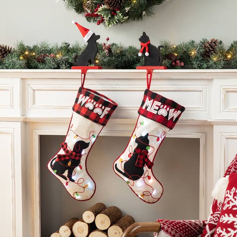 Glitzhome 21"L LED Embroidered Linen Reindeer Cat Dog Christmas Stockings