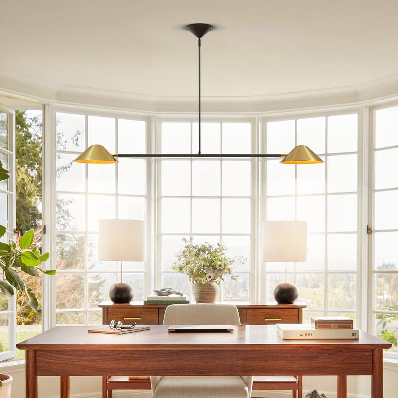 2-Light Industrial Black and Brass Linear Cone Pendant Light - 53.94" L × 3.94" H × 9.84" D
