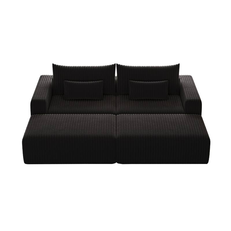 102" Corduroy Cloud Sofa Oversized Modular Sleeper Sofa for Livingroom Plush Sectional Loveseat with 2 Removable Footstool - Black