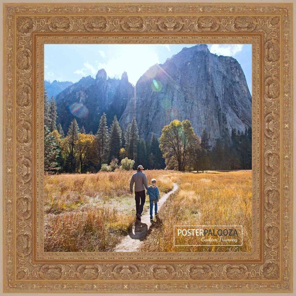 4x4 Ornate Gold Complete Wood Picture Frame with UV Acrylic, Foam Board Backing, & Hardware