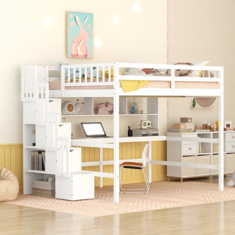 Wood Full Size Loft Bed with Desk, Storage shelves and Staircase