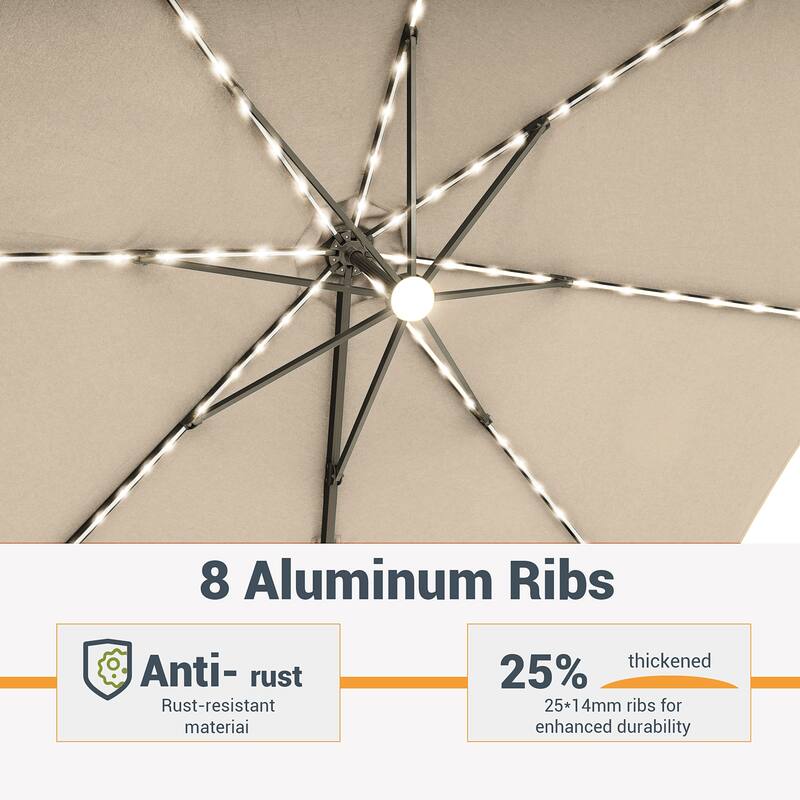 LIVOOSUN 11.5x9ft LED Cantilever Patio Umbrella with Cross Base