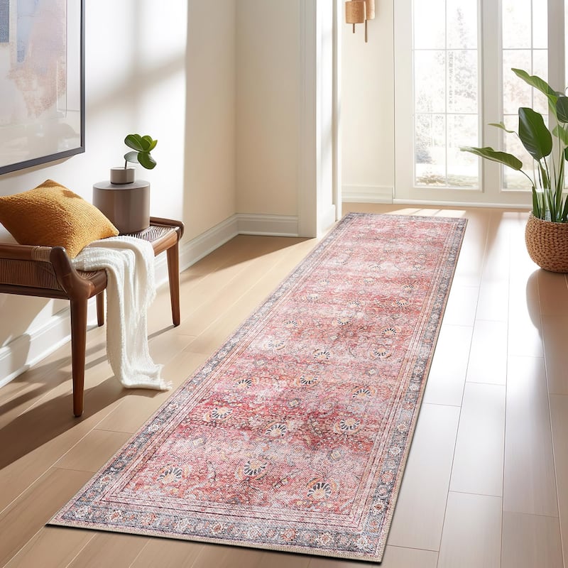 World Rug Gallery Vintage Inspired Machine Washable Non Slip Area Rug - 2' 6" x 10' - Red - Runner