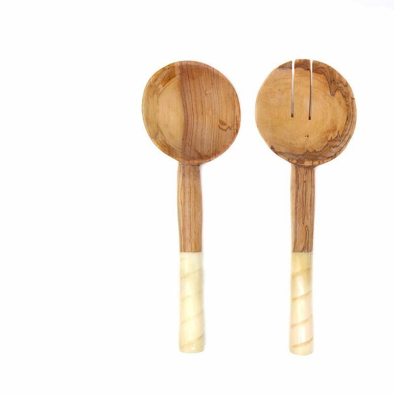 Handmade Olive Wood Serving Utensils with Natural Batik Bone Handles (Kenya)
