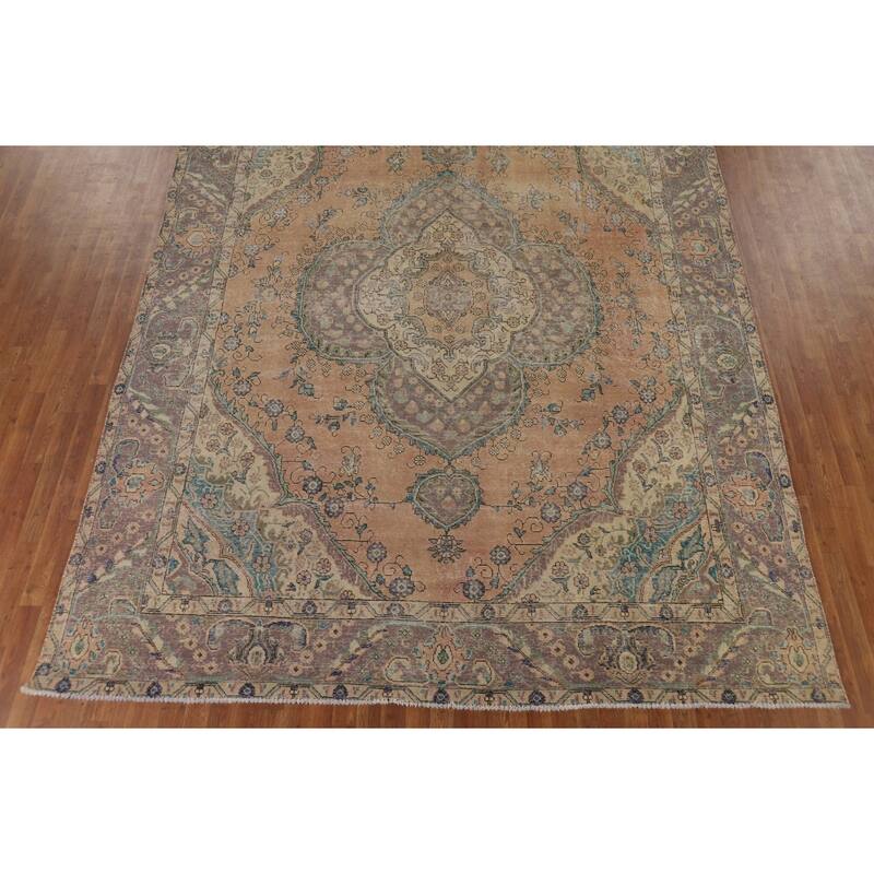 Distressed Tabriz Persian Antique Area Rug Hand-Knotted Wool Carpet - 9'6" x 12'8"