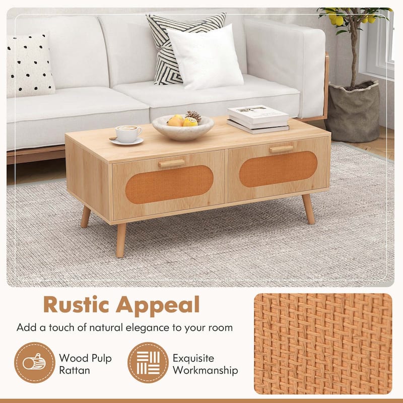 Costway Rattan Coffee Table Mid Century Modern Center Table with 2 - 39.5" x 19.5" x 16" (L x W x H)