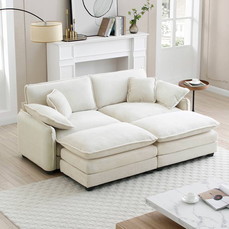 4-Piece Corduroy Modular Sleeper Sectional Sofa with 2 Ottomans & 4 Pillows - Beige