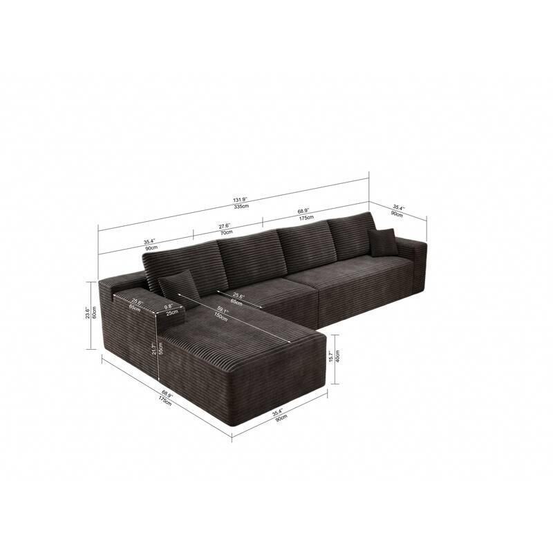 Roomfitters 131.9" Modular Sectional Sofa, 4-Piece Compressed Cloud Couch, No Assembly Required, Plush Corduroy, Grey