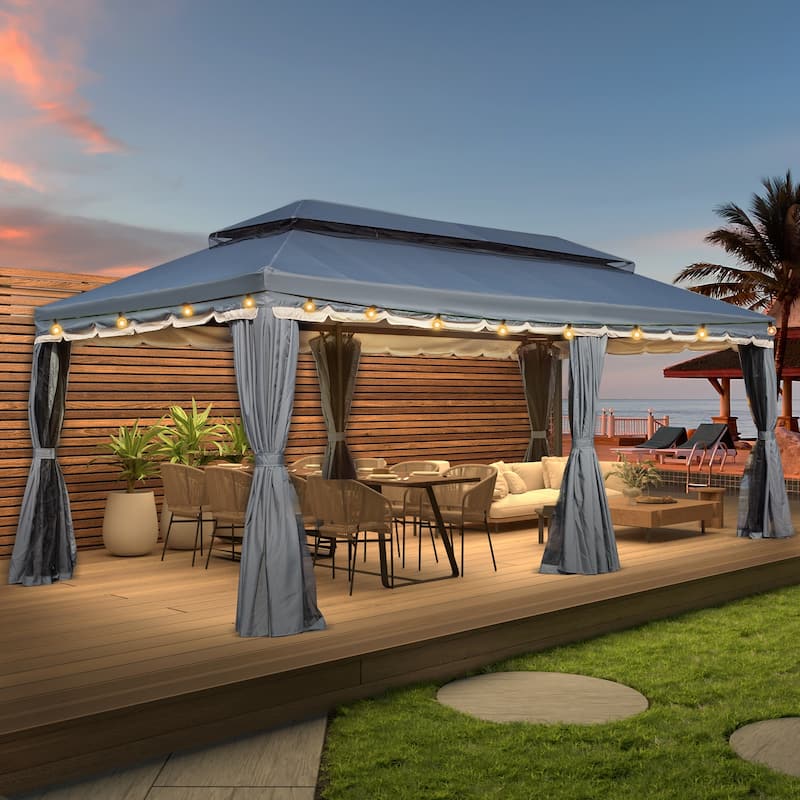 EROMMY Outdoor Canopy Gazebo Double Roof Patio Gazebo with Soft Top, includes Curtains
