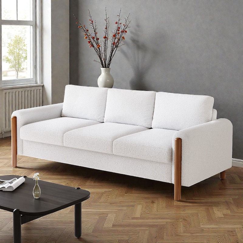 83.86 Inch 3-Seater Sofa with Curved Armrests, Teddy Velvet Upholstery, Solid Wood Legs, High Weight Capacity - Cream White