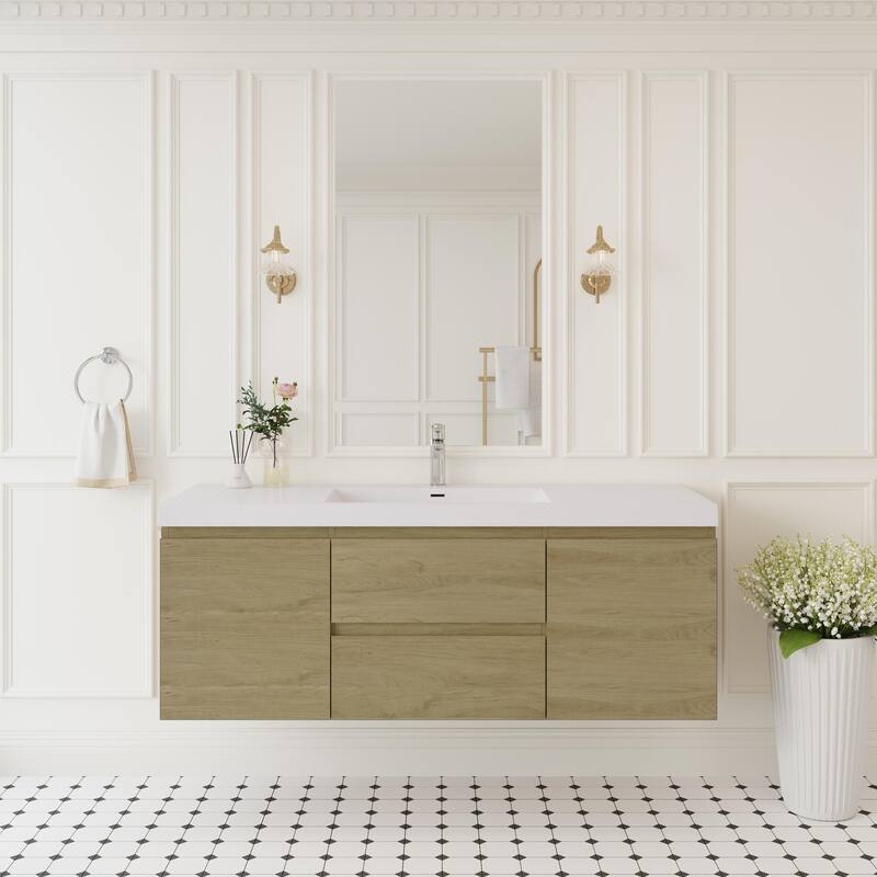 Modern Wall-Mounted Bathroom Vanity with White Solid Surface Top - 59.06'' x 19.69'' x 22.44'' - Oak