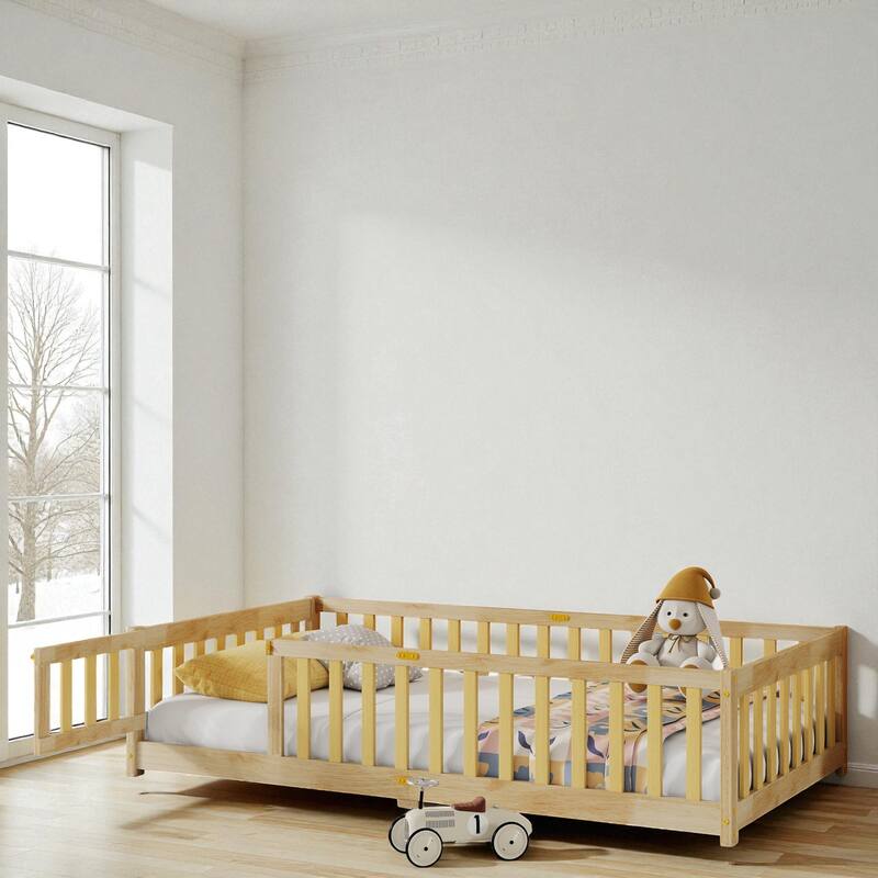 Twin Size Rubber Wood Floor Bed with Fence and Door, Montessori Platform Bed with Safety Guardrails for Kids