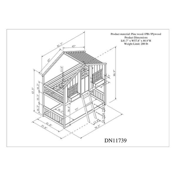 Twin over Twin House Bunk Bed with Roof, Window Box and Door, Grey