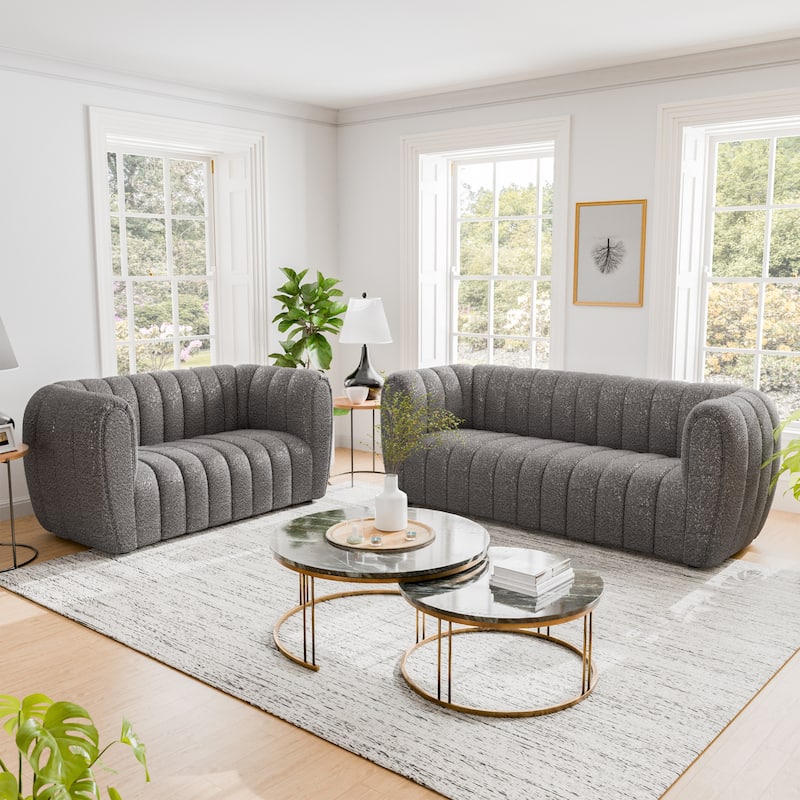 Furniture of America Lucinda Modern Vertical Channel Tufted Boucle Accent Sofa Set with Wooden Legs - Charcoal Grey - 2 Piece