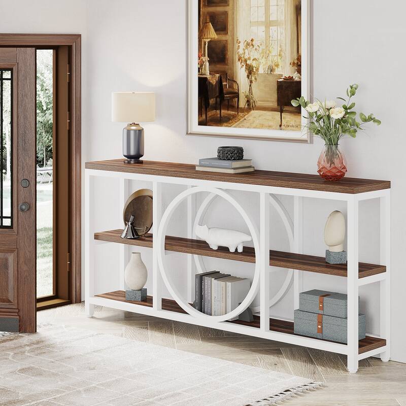 Extra Long Console Table, 70.9 inch Narrow Sofa Tables with 3 Tier Wood Storage Shelves, Rustic Brown Black - 11.75" * 70.9"