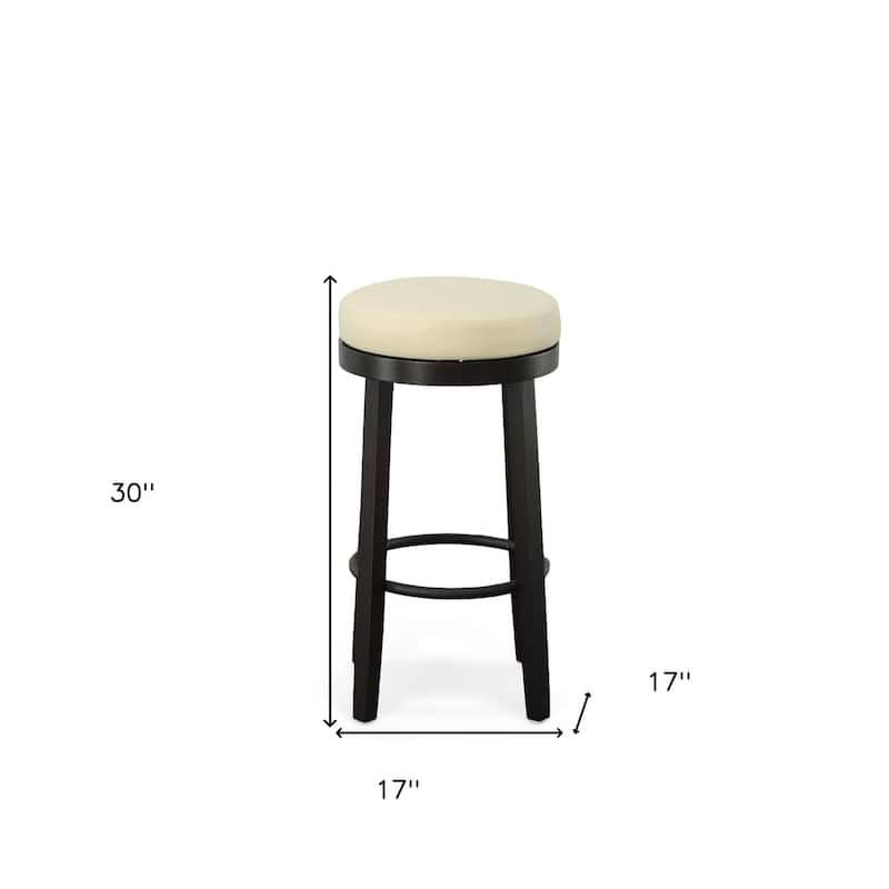 HomeRoots Set of Two 30" Cream And Espresso Faux Leather And Solid Wood Swivel Backless Bar Height Bar Chairs