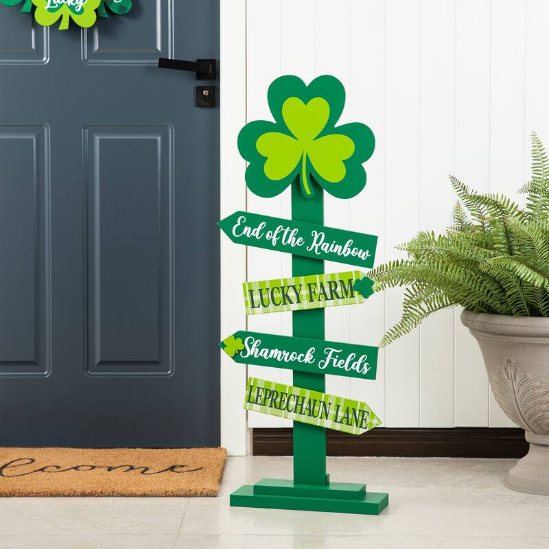 Glitzhome 36"H Wood Shamrock Leprechaun HAPPY ST.PATRICK'S DAY Sign Porch Decor - Green
