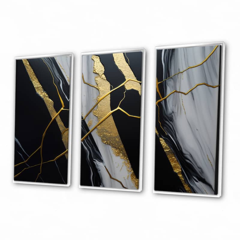 Designart "Abstract Geode Black II" Abstract Marble Framed Canvas Art Print - 3 Panels