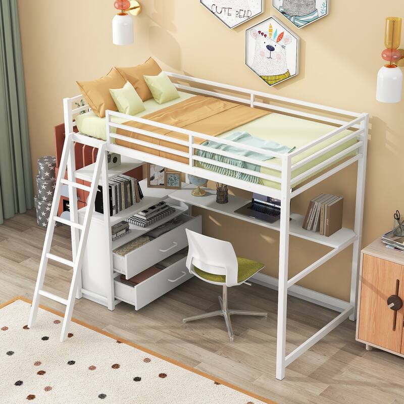 Twin Size Metal & Wood Loft Bed with Desk and Shelves, Two BuiltIn