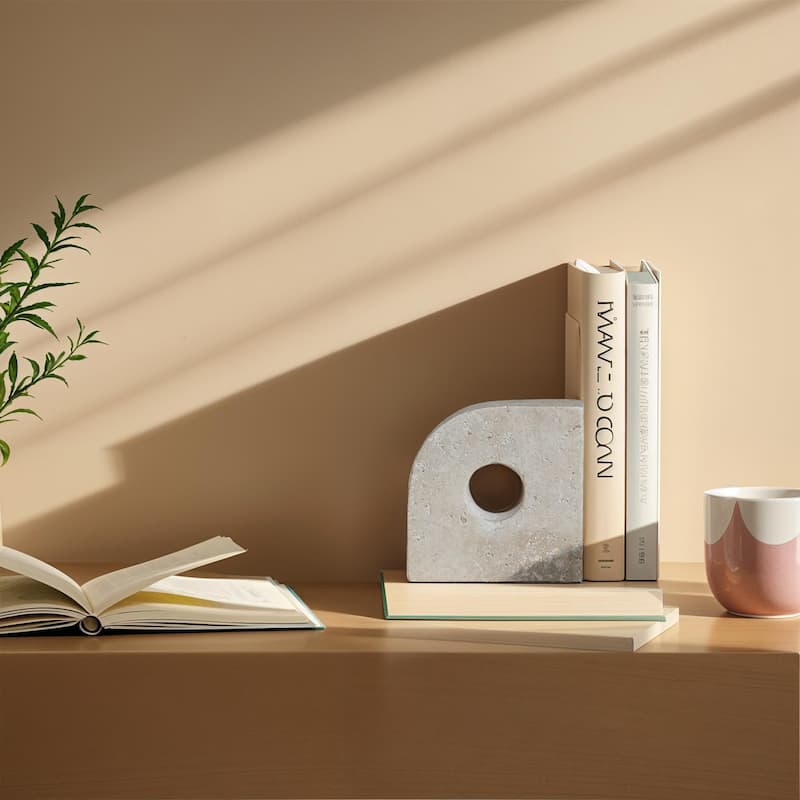 Travertine Bookends with Circle Cut-Outs - 5.0"L x 1.5"W x 5.0"H