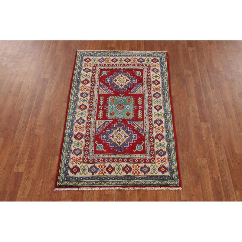 Red Geometric Kazak Oriental Foyer Rug Hand-Knotted Wool Carpet - 3'4" x 5'0"