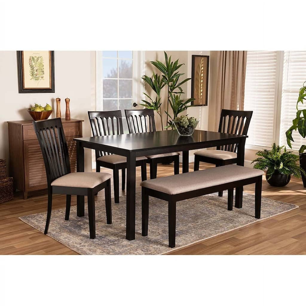 Modern 6-Piece Dining Set - Sand Fabric & Dark Brown Wood Table & Chairs