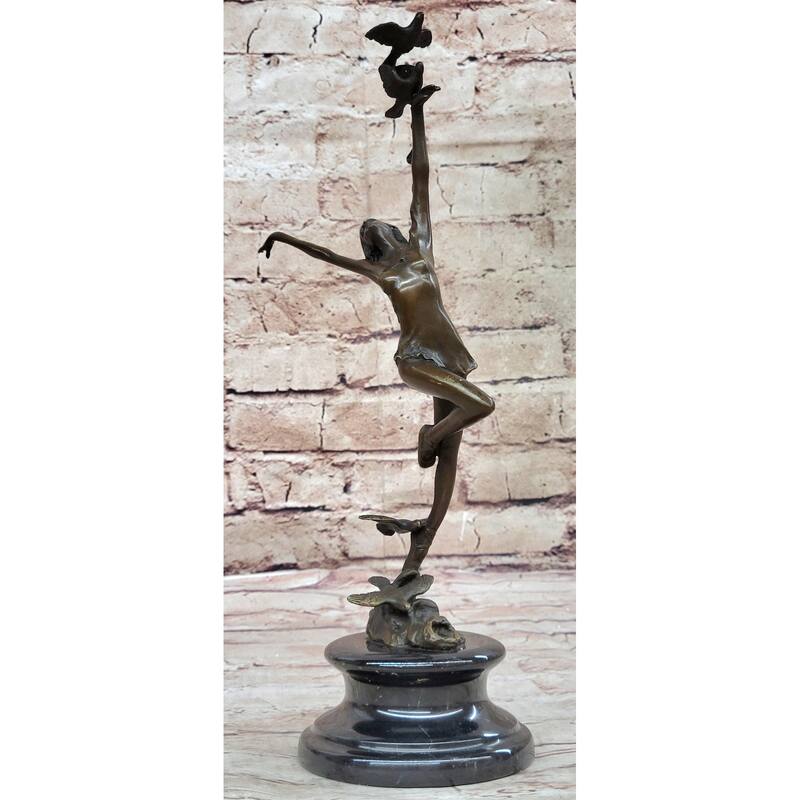 Girl Dancing With Birds Bronze Metal Statue Sculpture Original Art Marble Base
