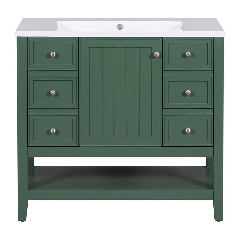36" Bathroom Vanity with Ceramic Sink，Freestanding Bathroom Vanity Cabinet with 1 Door, 3 Storage Drawers and Adjustable Shelf