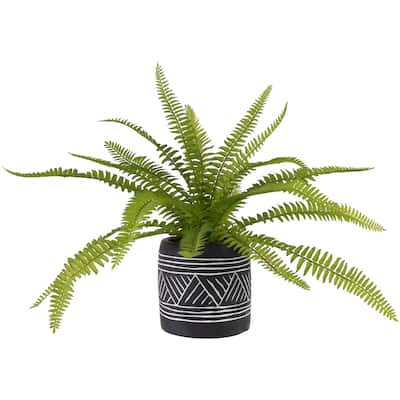 Artificial Boston Fern Plant In Aztec Pattern Ceramic Pot 12"
