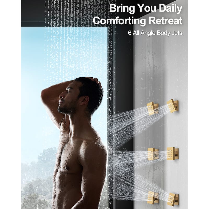 GRANDJOY LUXURY Shower Faucet System 20" Ceiling Mount LED Rainfall Shower Faucet with 6 Body Jets Handheld Spray with Hose