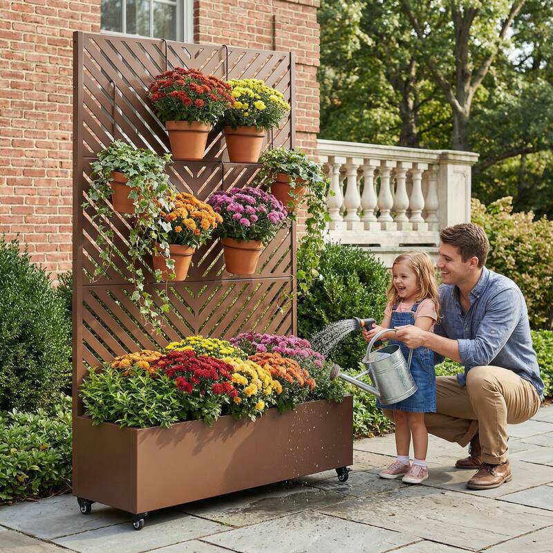 Raised Garden Bed Planter with Trellis Movable Planter Box with Lockable Wheels - 72*47 - Browm