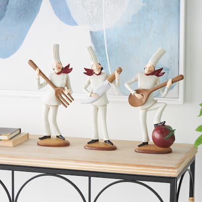 White Polystone Chef Decorative Sculpture with Musical Instruments (Set of 3)