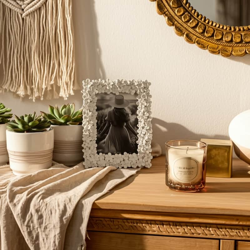Polyresin Floral Picture Frame Carved Daisy Texture - 5x7" Ivory