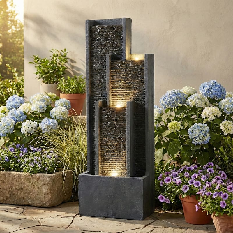 GDFStudio - Modern 40" Outdoor/Indoor Water Fountain with Floor-Standing Curved Cascading Waterfall & LED Lights - Black