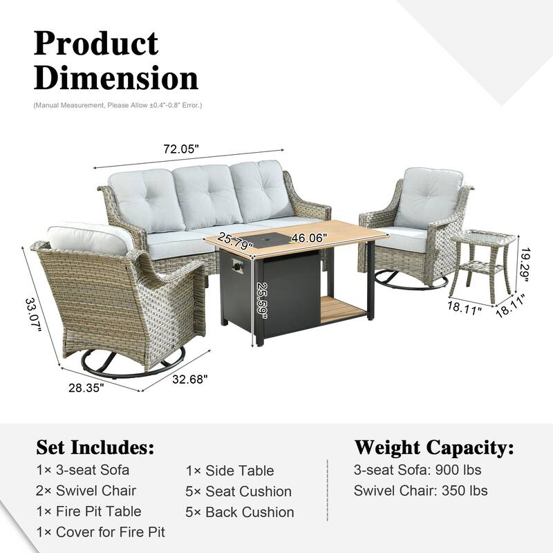 XIZZI 5-piece Patio Furniture Wicker Swivel Rocking Chair Set with Fire Pit
