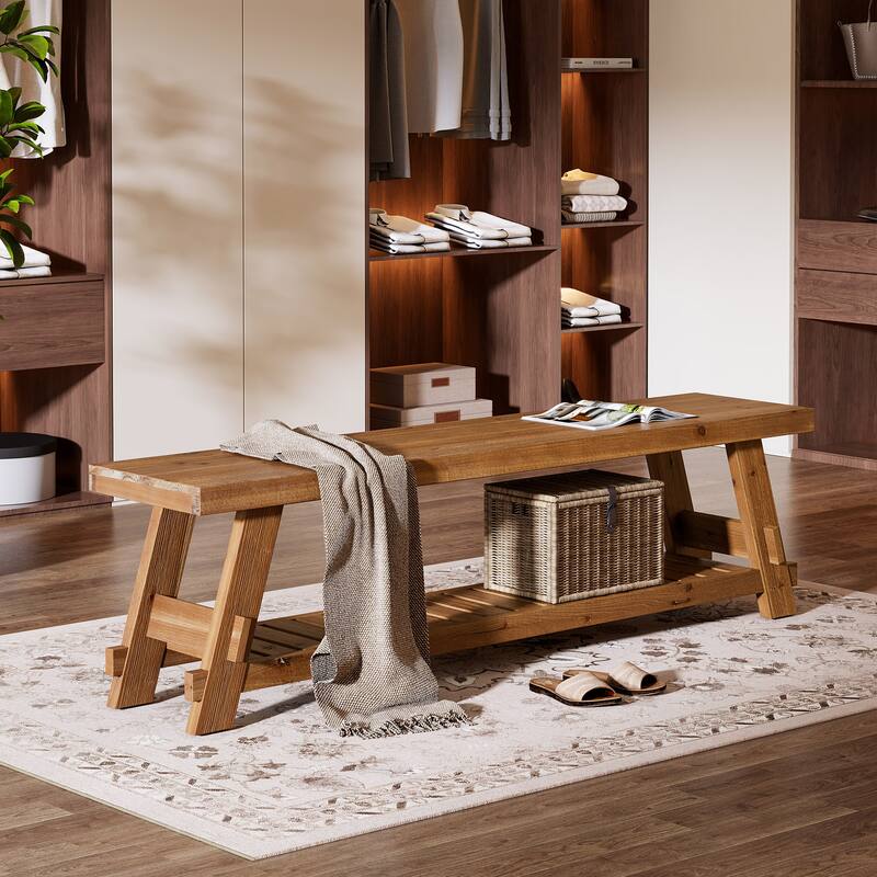 2 Tier Solid Wood Shoe Rack Bench for Entryway - 62.99" L x 13.78" W x 17.72" H