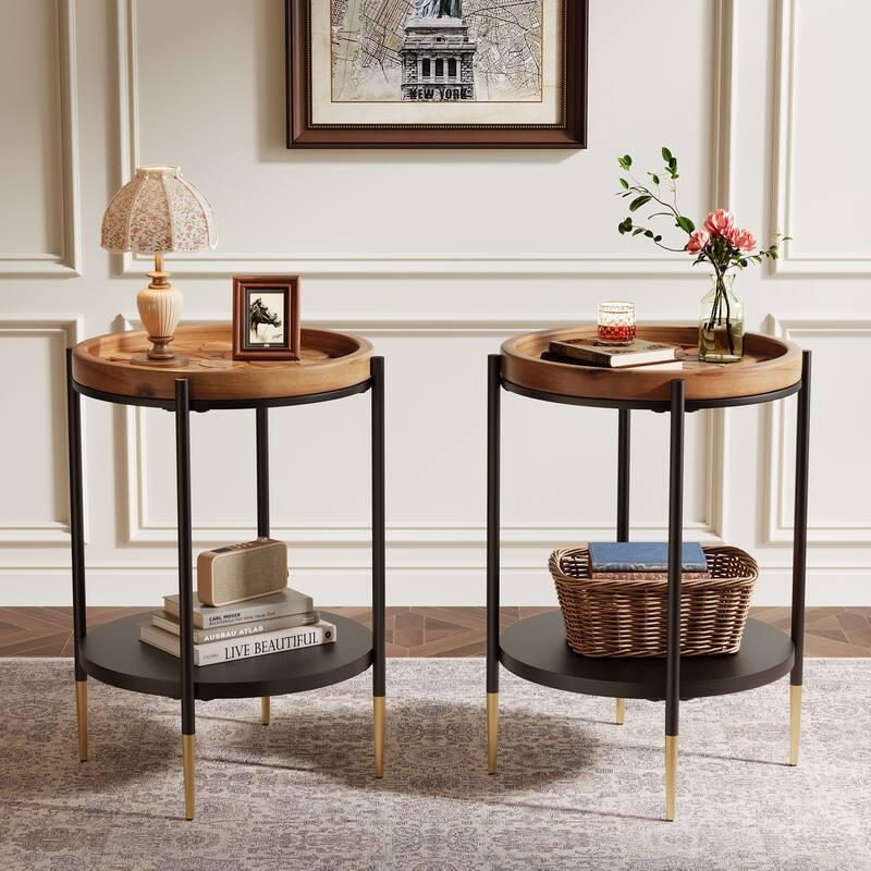 2 Tier Round Side Table with Solid Wood Top and Metal Frame for Living Room ,Bedroom - 2-Pieces