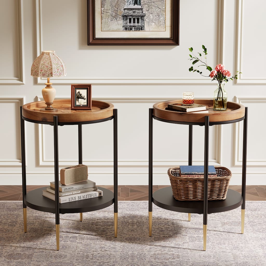 Round End Table Set of 2, Solid Wood Tray Top Side Table, Unique Patterns