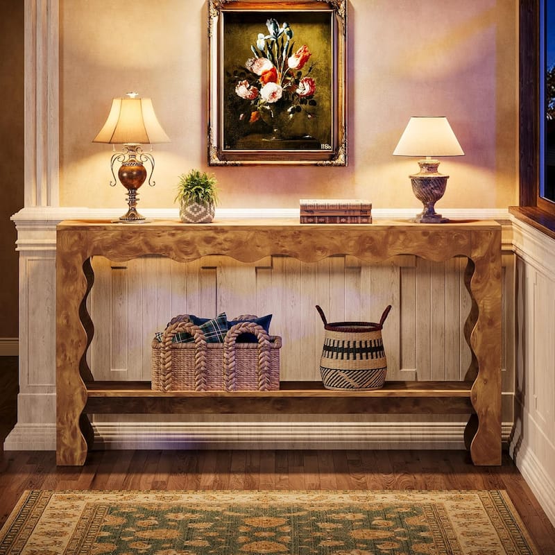 63 Inches Long Farmhouse Sofa Console Table with Scalloped Curves - 63"L*11.81"W*33.46"H - Light Brown